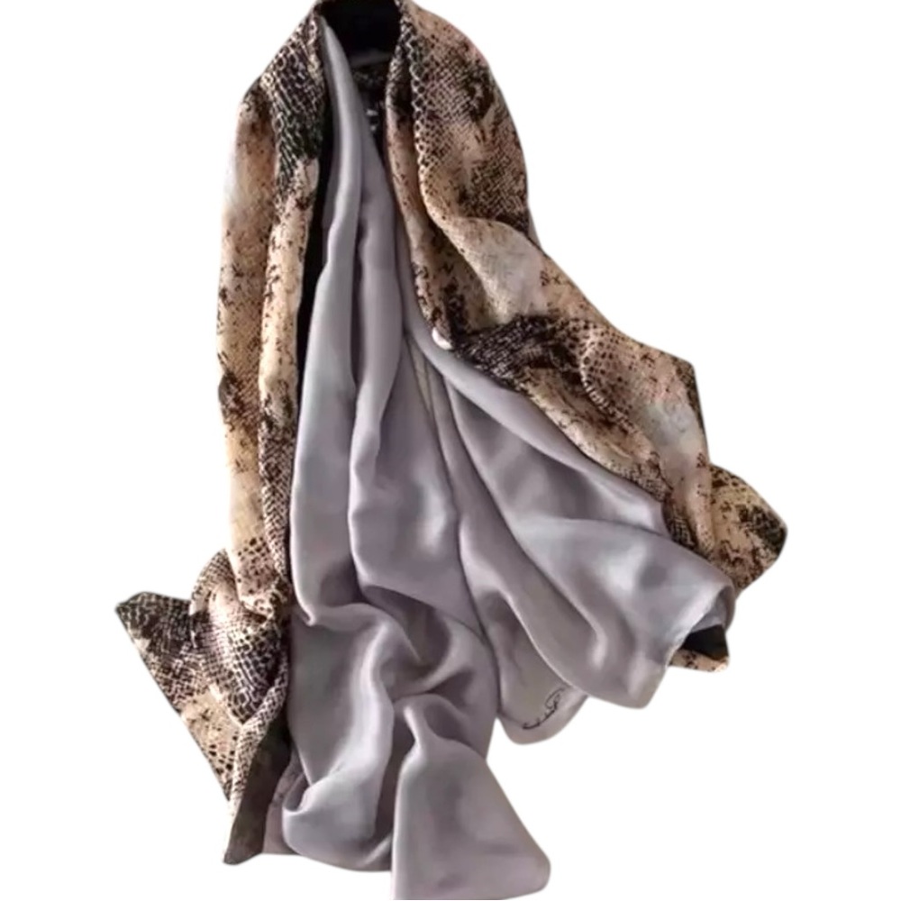 Silky Satin Exotic Snake Print & Grey Lightweight Oversized Scarf Shawl Wrap